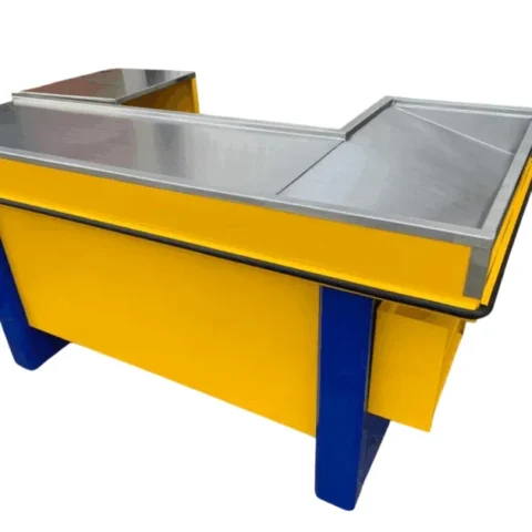 puesto de pago para supermercados amarillo y azul